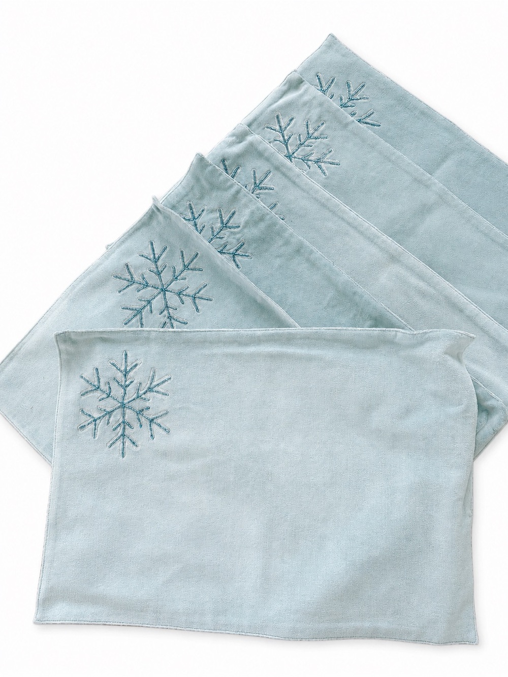 Set of 6 Blue Velvet Placemats Beaded Snowflake Embroidery Winter Table Decor